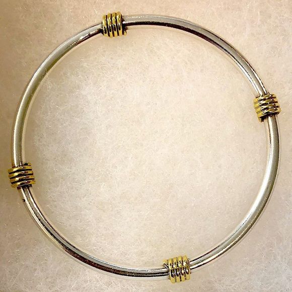 Sterling Silver Two Tone Bangle Bracelet With Gold Plated Stations - Picture 5 of 8
